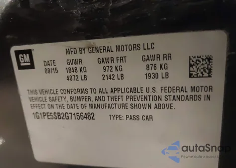 2016 Chevrolet Cruze Limited 1Lt Auto из США, поврежденный, VIN 1G1PE5SB2G7156482